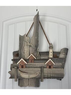 Beachcombers Vintage Wood Plaque Lighthouse Fish Houses Boat Seagull Nautical